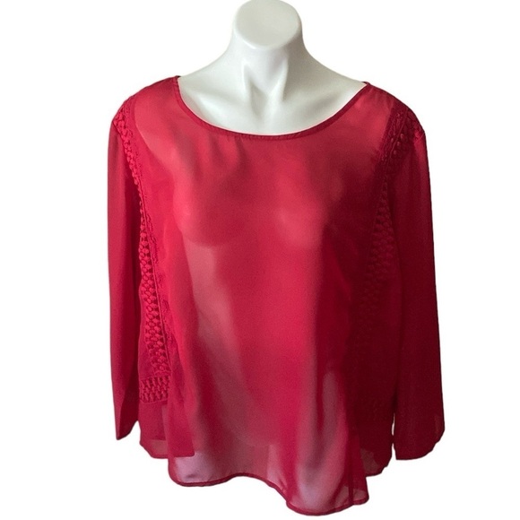 Donna Moore Red Sheer Scoop Neck Peasant Blouse With Lace Trim Plus Size - Picture 1 of 6